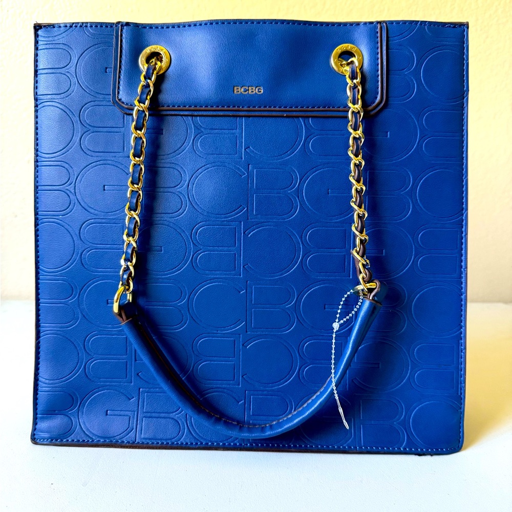 BCBG Blue Tote Bag with Gold Chain